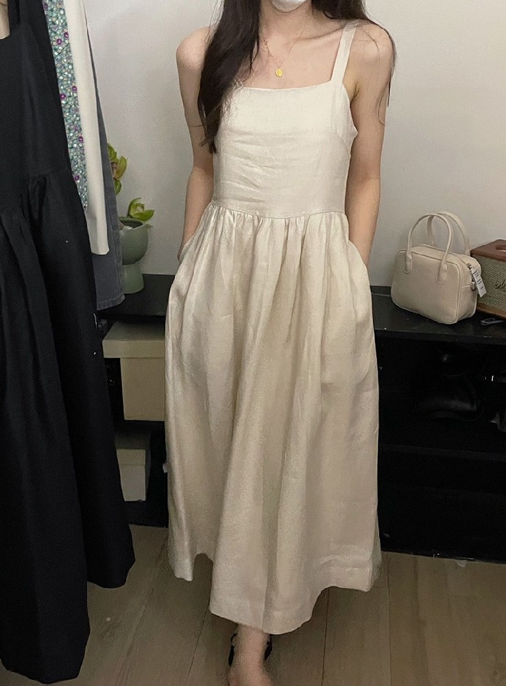 2023夏新款 韓系ins簡約氣質收腰顯瘦中長(cháng)款純色背心吊帶連衣裙女(nǚ)