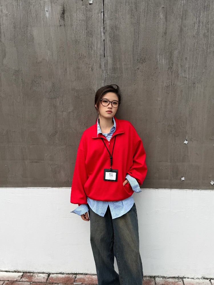 YIMEI韓版新年(nián)複古紅(hóng)色半拉鏈翻領衛衣